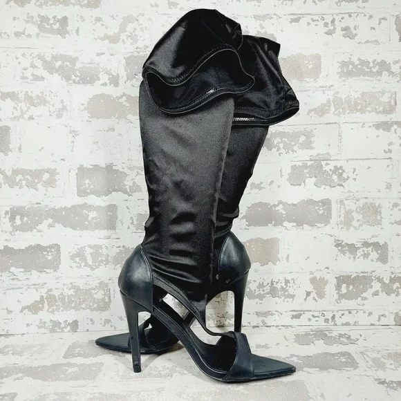 NEW Mackin J Satin Thigh High‎ Stocking Stiletto Black Over The Knee Boots K800 - Picture 3 of 13